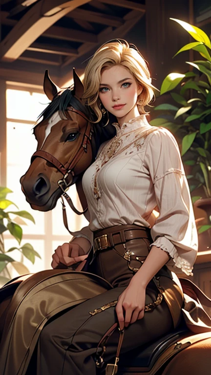 Delicate and beautiful CG art),(highest quality, Very detailed, High resolution),(Dynamic Angle, Dynamic Lighting),(One character),(Long pink and blonde hair), blue eyes, Beautiful Face), 1 girl, (Long sideburns, plant, smile, wear Classic jodhpurs, stable, riding horse