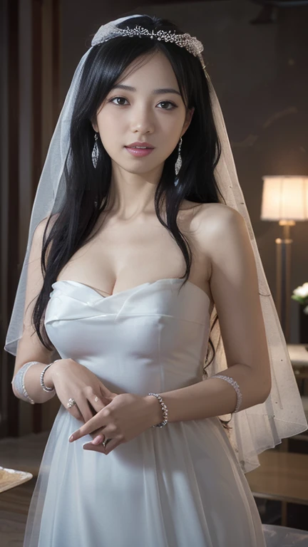 (masutepiece), Best Quality, Highest Quality, Highly detailed CG Unity 8k wallpaper, Original, High resolution, (depth of fields: 1.5), fidelity: 1.3, breasts, Bride portrait style, 1 girl, drapes, veils , Bridal Veil, sheer wedding dress, drapes, Jewelry, Solo, earrings, tusk, bride, Black_hair