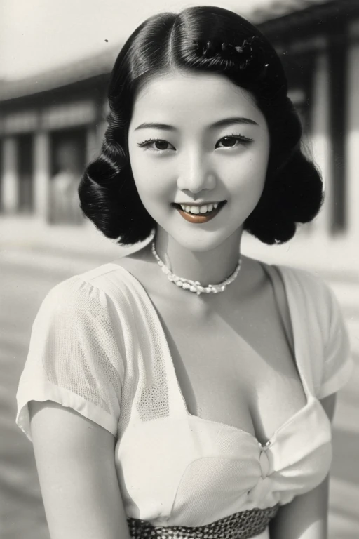 Seoul, 1936, A young korean beautiful girl, 22-year-old, sexy girl, strikingly beautiful, black hair, big breasts, delicate facial features, porcelain skin, expressive eyes,((awe and joy expression)), ((((Korean clothings from the 1930s)))), ((hairstyle of the 1930s)), colorful