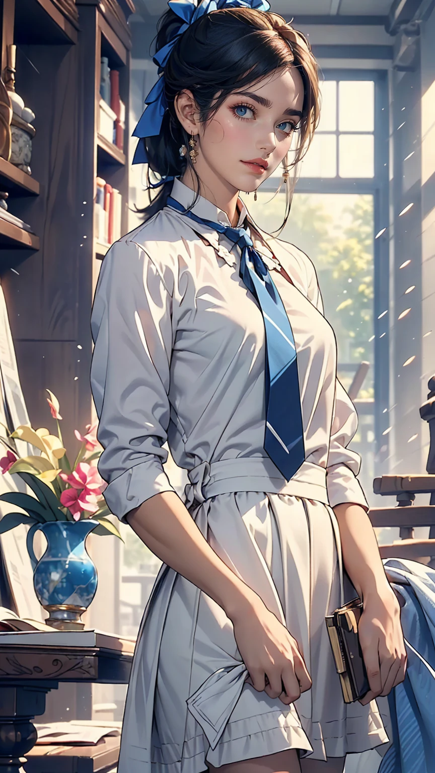 masterpiece, highest quality, High resolution, Very detailed, Detailed Background,(Fraurem Crom, (Black Hair, Semi-long hair, Blue ribbon in ponytail),(White blouse, Blue short ribbon tie, blue long skirt), small, Neat, Iris,study, A kind smile), Scale out, Chic study, vase