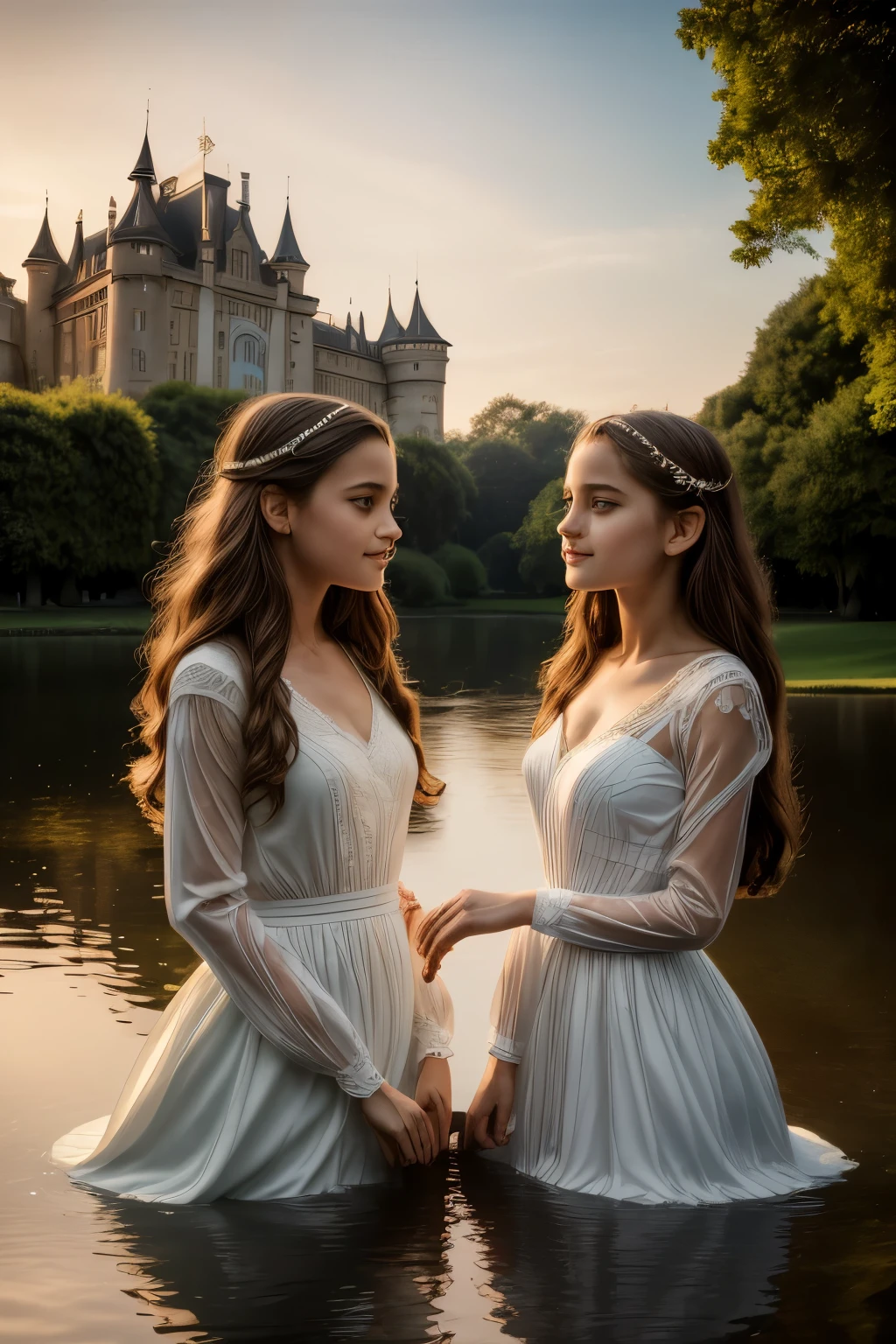 a detailed portrait of two beautiful young girls standing in a lush green garden in front of a majestic castle, the castle's reflection perfectly mirrored in the calm waters of a lake, the girls gazing out at the serene scene, their expressions filled with wonder, extremely detailed faces, beautiful eyes, delicate features, long flowing hair, ornate dresses, intricate castle architecture, glowing sunset lighting, vibrant colors, photorealistic, (best quality,8k,highres,masterpiece:1.2),ultra-detailed,(realistic,photorealistic,photo-realistic:1.37),1girl,2girls,castle,lake,reflection,garden,sunset,ornate,beautiful,detailed,serene,wonder,vibrant