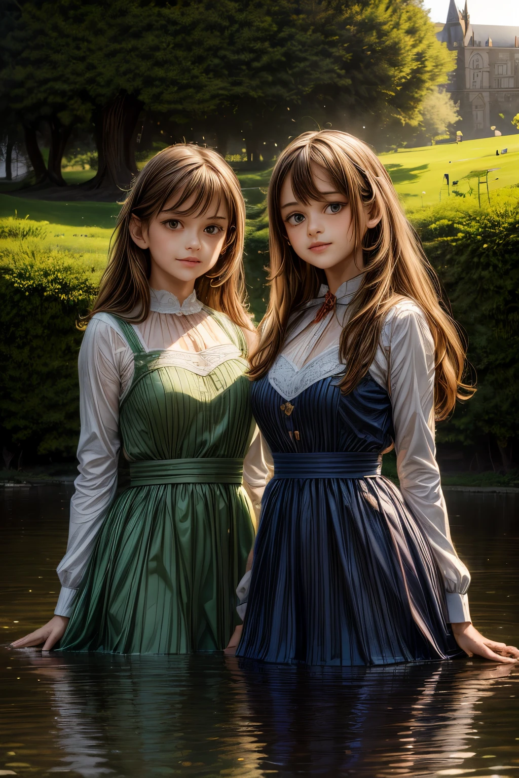 a ausführlich portrait of two Schön young girls standing in a lush green garden in front of a majestic Schloss, the Schloss's Betrachtung perfectly mirrored in the calm waters of a See, die Mädchen blicken auf die ruhige Szene, ihre Ausdrücke voller Staunen, extremely ausführlich faces, Schön eyes, zarte Merkmale, langes wallendes Haar, aufwendig dresses, intricate Schloss architecture, glowing Sonnenuntergang lighting, beschwingt colors, photorealistisch, (beste Qualität,8k,highres,Meisterwerk:1.2),ultra-ausführlich,(realistisch,photorealistisch,photo-realistisch:1.37),1 Mädchen,2 Mädchen,Schloss,See,Betrachtung,garden,Sonnenuntergang,aufwendig,Schön,ausführlich,serene,wonder,beschwingt