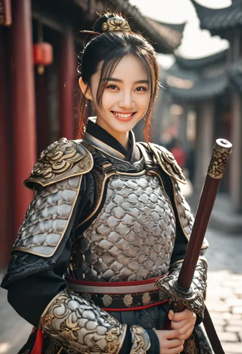 best quality, 8k, highly detailed face and skin texture, high resolution, cute chinese girl in chinese armor stand and smile on ...