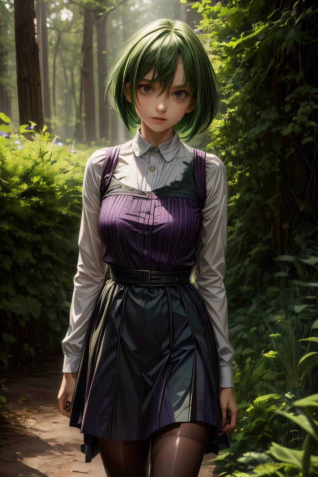 ratte867, 1girl, solo, (forest green hair:1.2), Asymmetrical haircut, (violet clothes:1.2) masterpiece, best quality, photorealistic, realistic, (RAW photo, 8k uhd, film grain), caustics, subsurface scattering 