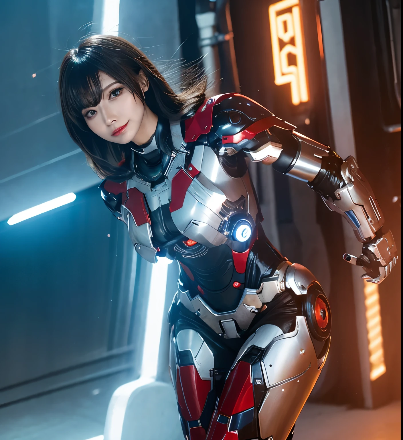 advanced details, high quality, better quality, High resolution, 1080P, hard disk, beautiful,(Iron Patriot),Beautiful cyborg woman,Mecha Cyborg ,battle mode,She wears futuristic clothes ,Iron Patriot,Mecha,Full body view from the front,A powerful cyborg woman, sleek and futuristic, with advanced mechanical augmentations that enhance her strength and capabilities.