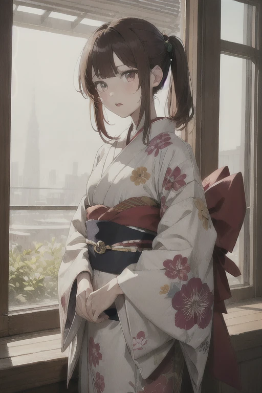 1 girl, Redhead, Twin tails,Long Hair、 Facial hair stripes, Red eyes, Impact, RAW Photos, 8k, masterpiece,kimono