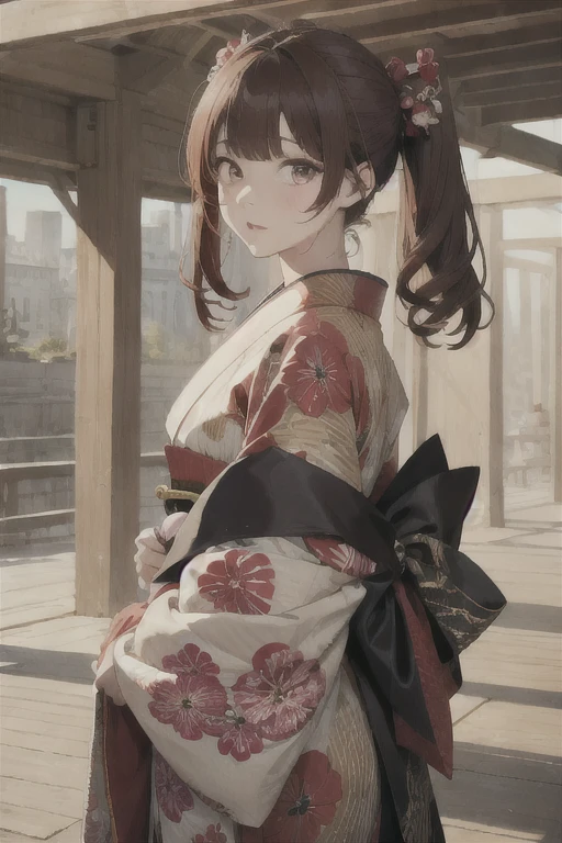 1 girl, Redhead, Twin tails,Long Hair、 Facial hair stripes, Red eyes, Impact, RAW Photos, 8k, masterpiece,kimono