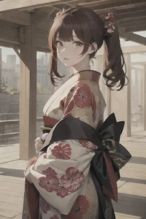 1 girl, redhead, twin tails,long hair、 facial hair stripes, red eyes, impact, raw photos, 8k, masterpiece,kimono