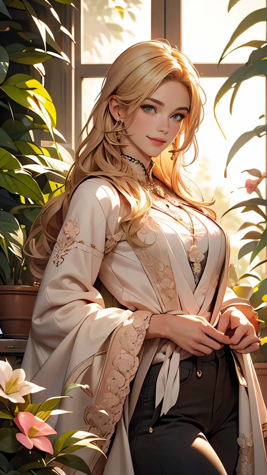 Delicate and beautiful CG art),(highest quality, Very detailed, High resolution),(Dynamic Angle, Dynamic Lighting),(One character),(Long pink and blonde hair), blue eyes, Beautiful Face), 1 girl, (Long sideburns, plant, smile, wear Classic jodhpurs, stable, smooth hand