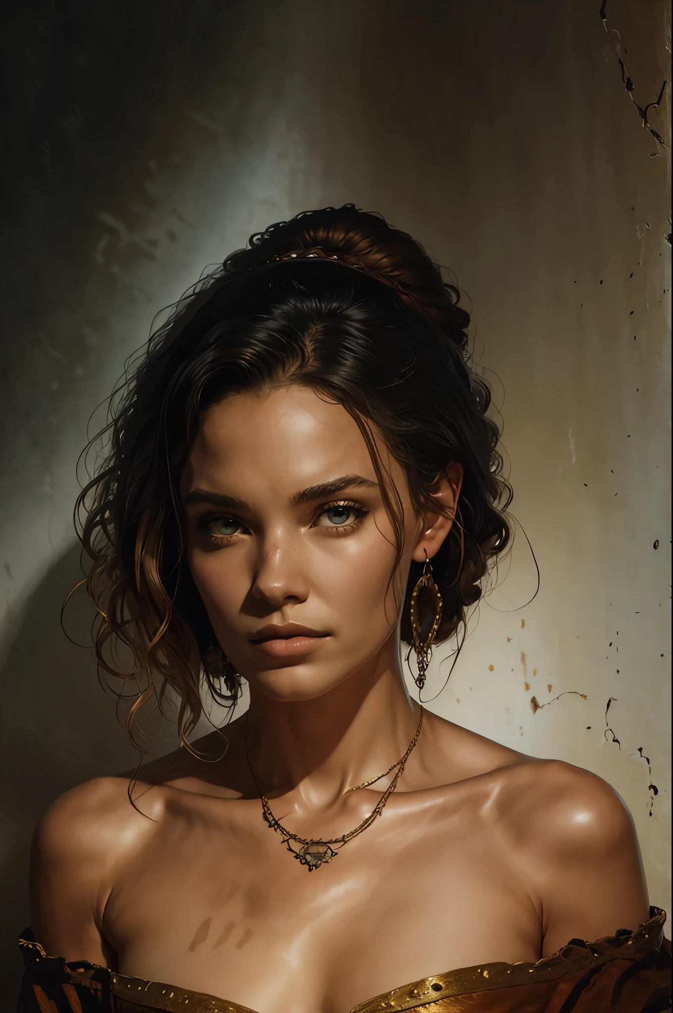 realistic fantasy portrait,1girl,standing pose,short unkempt hair,nude,pirate lady,detailed facial features,beautiful eyes,high quality details,masterpiece,photorealistic,ultra-detailed,highly detailed,vivid colors,dramatic lighting,warm color palette,chiaroscuro lighting,dramatic shadows,detailed jewelry,cinematic composition,elegant pose,proud expression,naturalistic skin tones