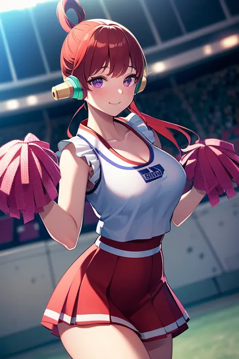 1 female cheerleader solo, red hair, 1girl, uta, 1girl, purple eyes, white hair, multicolored hair, White shirt，Red skirt，White ...