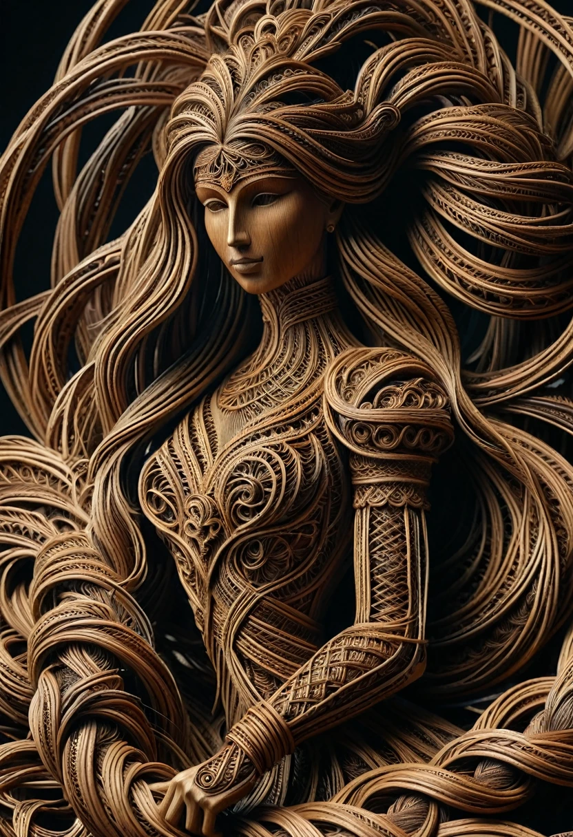 Sculpture d'une sublime femme faite en rotin tressés, corps entier, highly detailed rattan, very long hair in dark raffia rope braided braids , Sculpture très détaillé, poitrine push-up, narrow hip, longues jambes sublime, marche vers moi, me regarde droit dansles yeux, (Best quality, 8k,masterpiece:1.2, hyperRéaliste:1.2)