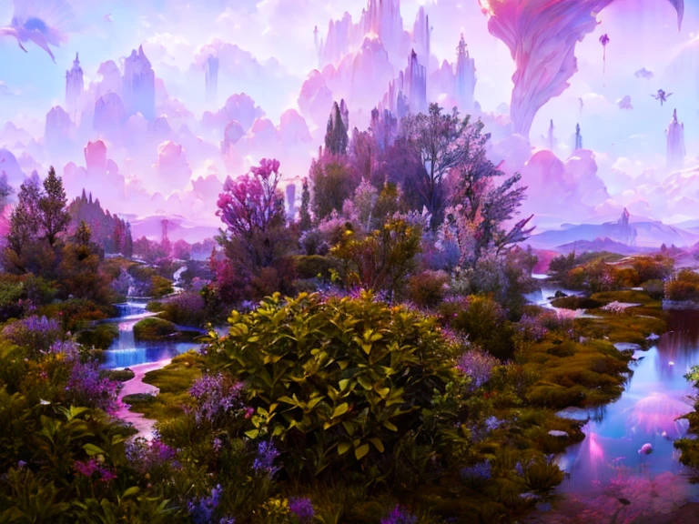 A ultra beautiful high fantasy landscape, dreaming landscape, photo realistic, masterpiece, 4k, uhd, with high fantasy structures