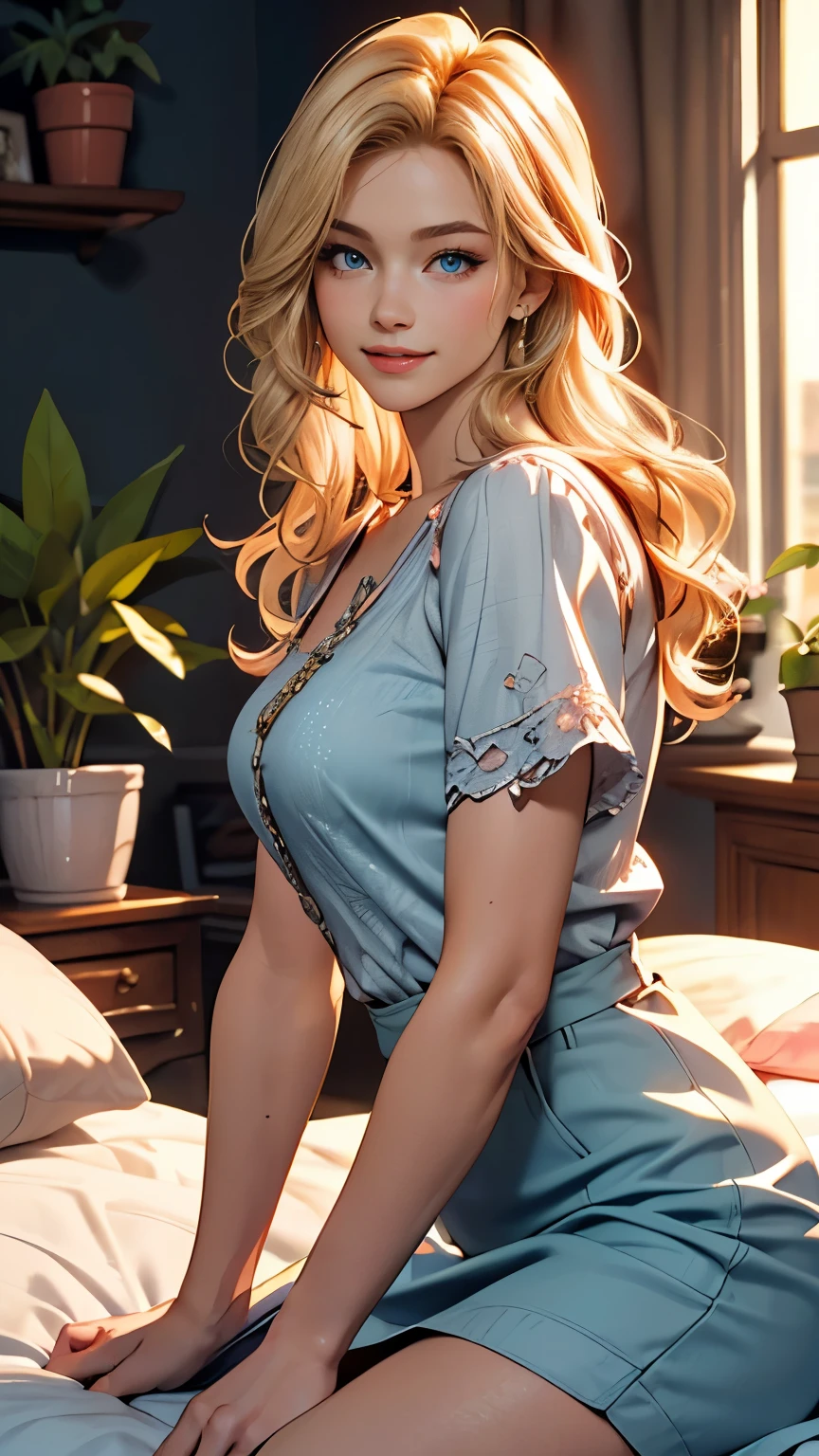 Delicate and beautiful CG art),(highest quality, Very detailed, High resolution),(Dynamic Angle, Dynamic Lighting),(One character),(Long pink and blonde hair), blue eyes, Beautiful Face), 1 girl, (Long sideburns, plant, smile, shirt blue dress and mini skirt, bedroom