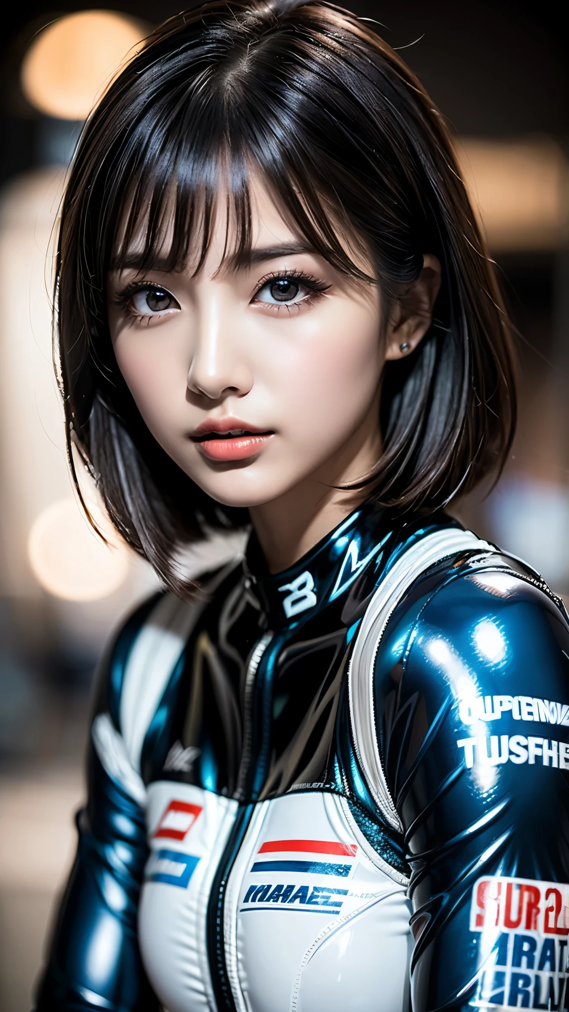 Bust up shot, Dynamic Lighting, (highest quality:1.4), 32K resolution, (Realistic:1.3), (Ultra-realism), Highest resolution UHD, (masterpiece:1.2), (Improvement of quality:1.3), (3 lady:1.37), Supermodel, Female rider, Japanese women, 21 years old, Perfect Anatomy:1.37, Standing pose, (Wearing a super shiny racing suit:1.37), (Wearing a long-sleeved racing suit:1.1), (Wearing colorful racing suits:1.21), (Logo Suit), Racing Gloves, Have a helmet:1.21, (On the vast race circuit:1.37), (Outdoors at dusk;1.37), shut up, (long_dark_eyelash), Sharpen your eyebrows, [Pink lipstick:0.8], (Very lethargic details:1.25), (Light pale complexion), Symmetrical eyes, Natural Makeup, (the most absurd quality perfect eyes:1.25), ((clear no blur and sharp perfect round realistic dark black_eyes:1.35)), super details:1.32), ((finely detailed pupils:1.32)), (tired, Sleepy and satisfied:0.0), (Beautiful Lips:1.33), (Great nose:1.2), (Flat Chest), (Slim lower body), Shiny brown hair, Let your bangs hang long, (short hair:1.21), ((Realistic)), ((Sharp focus)), ((The most absurdres quality)), Inspiring and spectacular cinema lighting, ((close-up of woman's eyes:1.3))