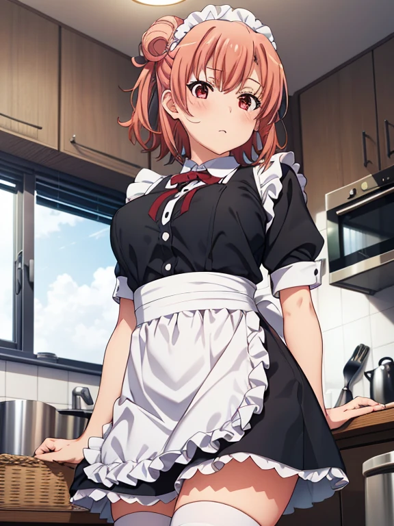 ((masutepiece, Best Quality, hight resolution, nffsw, Perfect Pixel, depth of fields, 4K, )), 1girl in, Solo, , Beautiful anime girl, Beautiful Art Style, 
very low view angle:1.3, view from below:1.5, sky from below:1.5, kitchen background, standing:1.5,
Perfect body, :):1.5 black stockings:1.5, Lower your eyes:1.5, white maid uniform:1.3,
Yuigahama Yui, Hair bun, short hair, large breasts, 

Full face blush, red face, 
straight on:1.3, medium shot