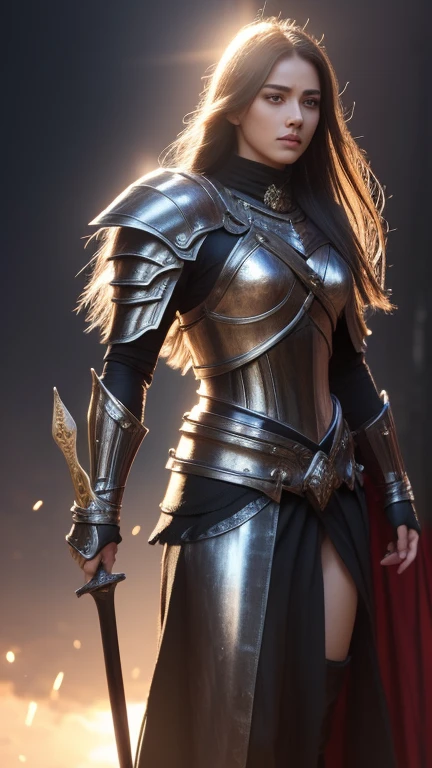 a female warrior, medieval fantasy knight, heavily armored, holding a sword, fierce expression, long flowing hair, intricate armor details, bright magical energy, dramatic lighting, cinematic pose, epic landscape background, (best quality,4k,8k,high resolution,masterpiece:1.2),ultra-detailed,(Realistic,photoRealistic,photo-Realistic:1.37),fantasy art, digital painting, dramatic colors, dramatic lighting