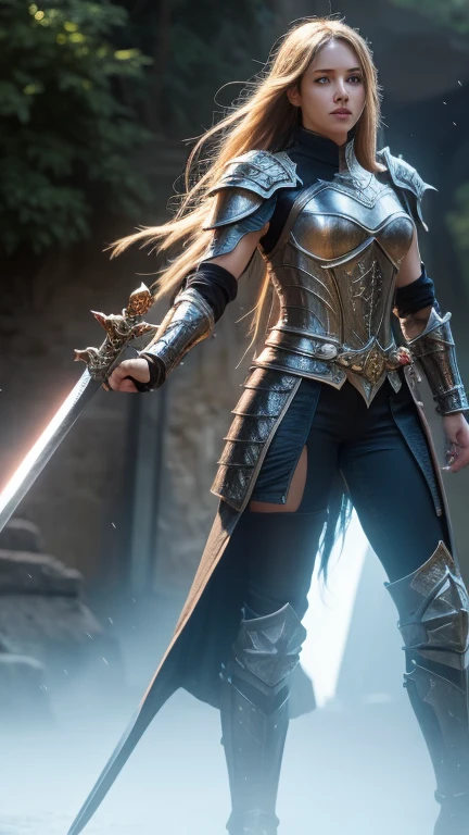 a female warrior, medieval fantasy knight, heavily armored, holding a sword, fierce expression, long flowing hair, intricate armor details, bright magical energy, dramatic lighting, cinematic pose, epic landscape background, (best quality,4k,8k,high resolution,masterpiece:1.2),ultra-detailed,(Realistic,photoRealistic,photo-Realistic:1.37),fantasy art, digital painting, dramatic colors, dramatic lighting