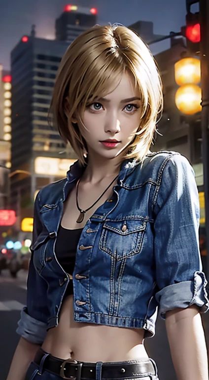 Aya Brea, One girl, 一人in, Crop top jacket, bracelet, necklace, (Possession of a gun), Looking_in_Audience, Realistic, upper_body, (masterpiece:1.2), (highest quality), (Super detailed), (8k, 4K, intricine), (Very detailed:1.2),(Detailed face:1.2), (Urban Background), (Ultra HD Wallpaper)