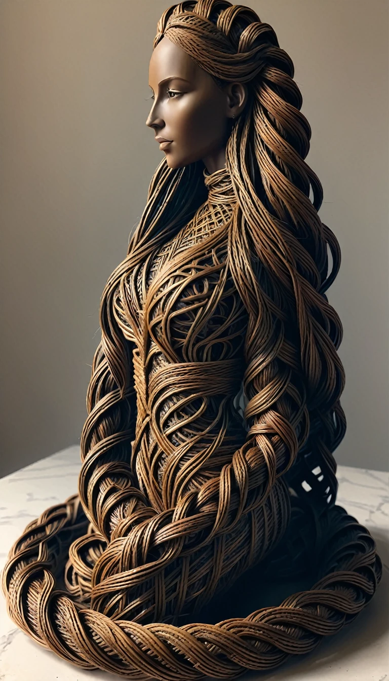 Sculpture du corp d'une sublime femme faite en rotin tressés, corps entier, highly detailed rattan, very long hair in dark raffia rope braided braids , Sculpture très détaillé, (poitrine effet push-up,  long sublime legs very detailed, marche vers moi, me regarde droit dans les yeux), (Best quality, 8k,masterpiece:1.2, hyperRéaliste:1.2)