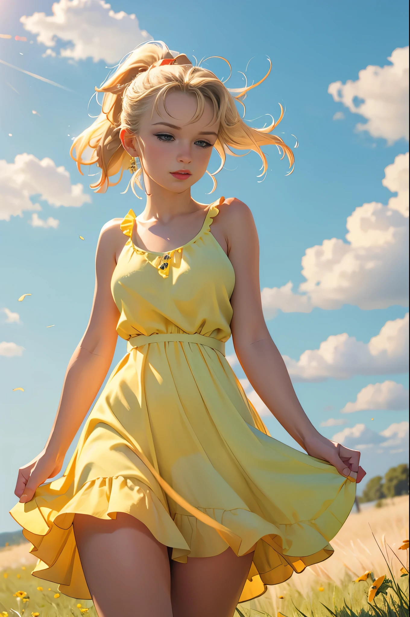 photorealistic,realistic, solo, photorealistic, best quality, ultra high res, 1girl,, , blonde hair in a ponytail, wearing a yellow sundress, breeze blowing through the grass,, , 1girl,, beautiful, masterpiece, best quality, extremely detailed face, perfect lighting, 1girl, solo,, , best quality, ultra high res, renatadaninsky 