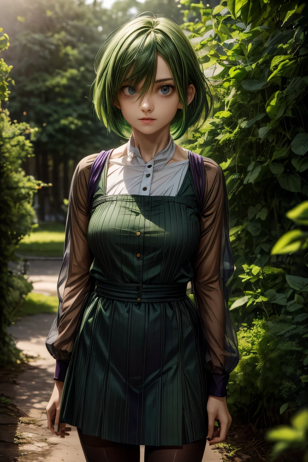 ratte867, 1girl, solo, (forest green hair:1.2), Asymmetrical haircut, (violet clothes:1.2) masterpiece, best quality, photorealistic, realistic, (RAW photo, 8k uhd, film grain), caustics, subsurface scattering 