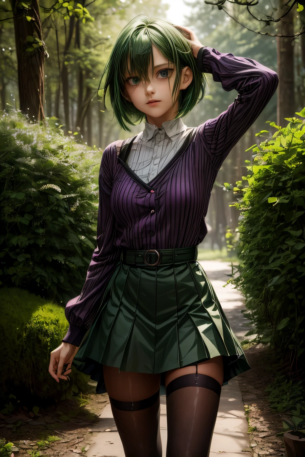 ratte867, 1girl, solo, (forest green hair:1.2), Asymmetrical haircut, (violet clothes:1.2) masterpiece, best quality, photorealistic, realistic, (RAW photo, 8k uhd, film grain), caustics, subsurface scattering 