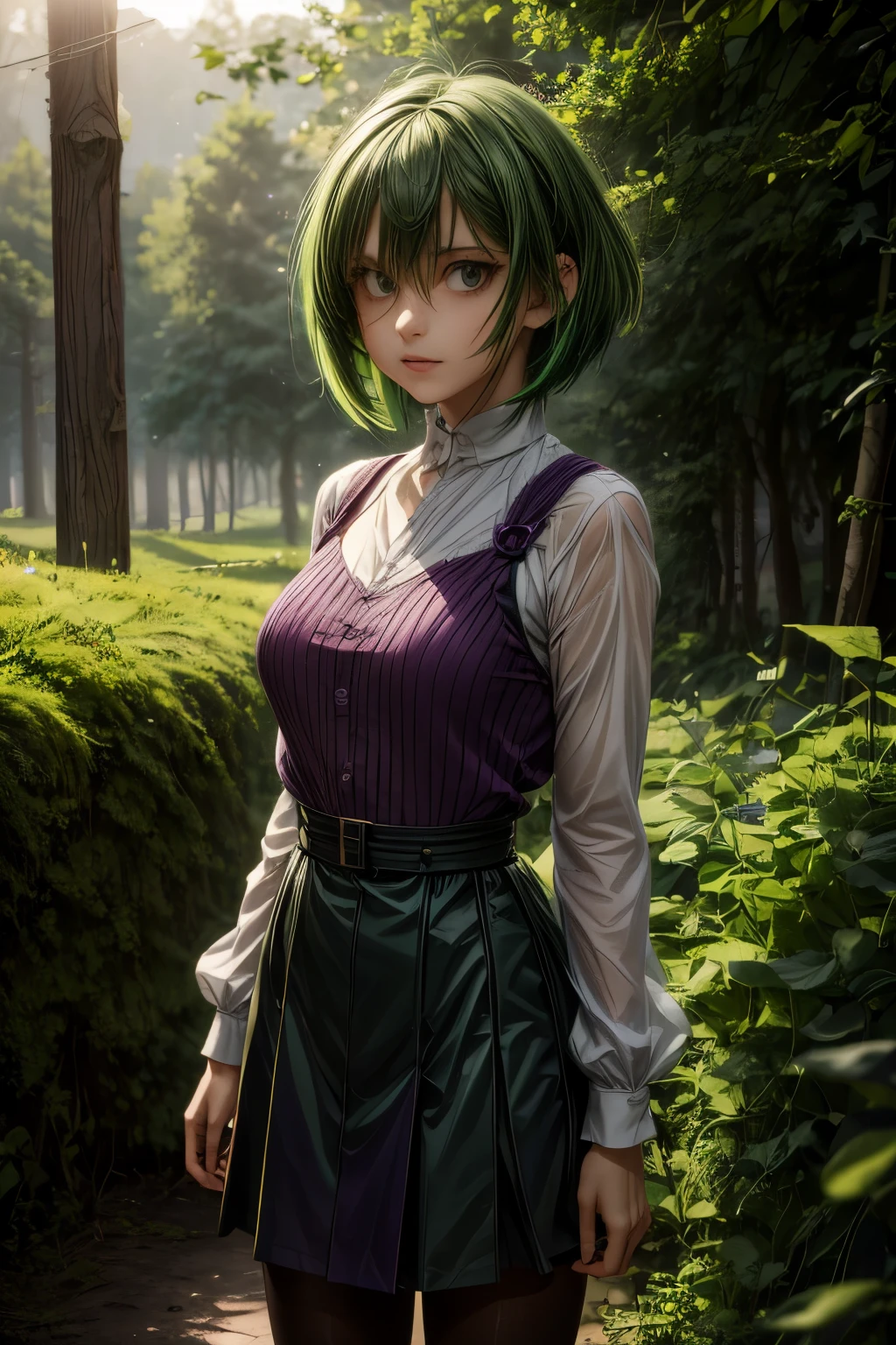 ratte867, 1girl, solo, (forest green hair:1.2), Asymmetrical haircut, (violet clothes:1.2) masterpiece, best quality, photorealistic, realistic, (RAW photo, 8k uhd, film grain), caustics, subsurface scattering 