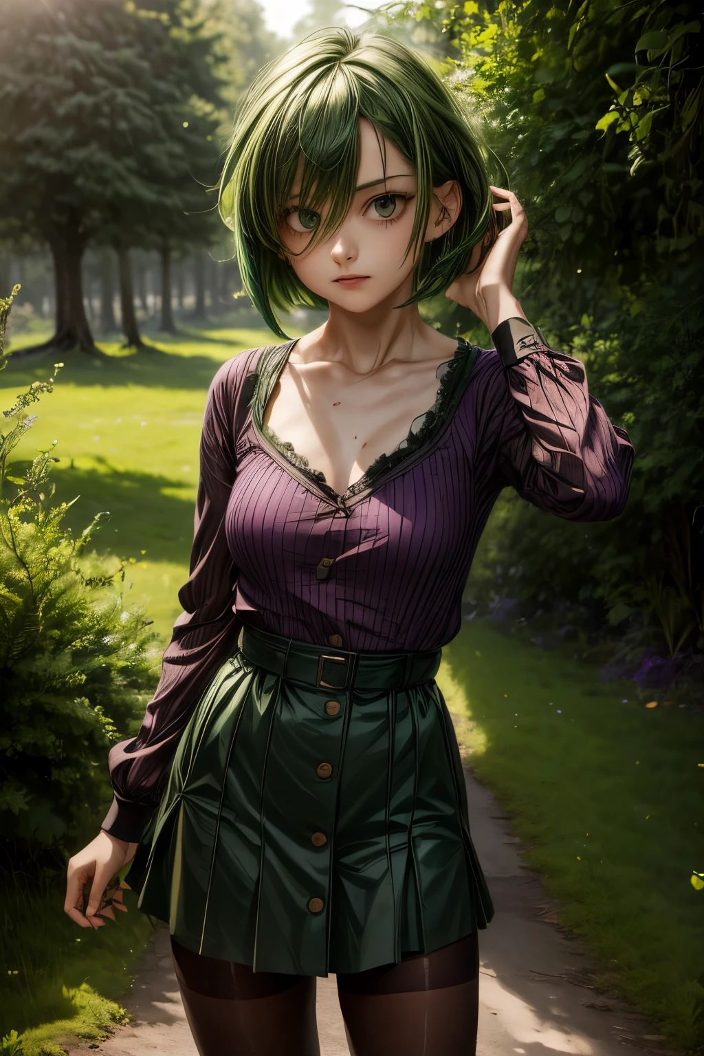 ratte867, 1girl, solo, (forest green hair:1.2), Asymmetrical haircut, (violet clothes:1.2) masterpiece, best quality, photorealistic, realistic, (RAW photo, 8k uhd, film grain), caustics, subsurface scattering 