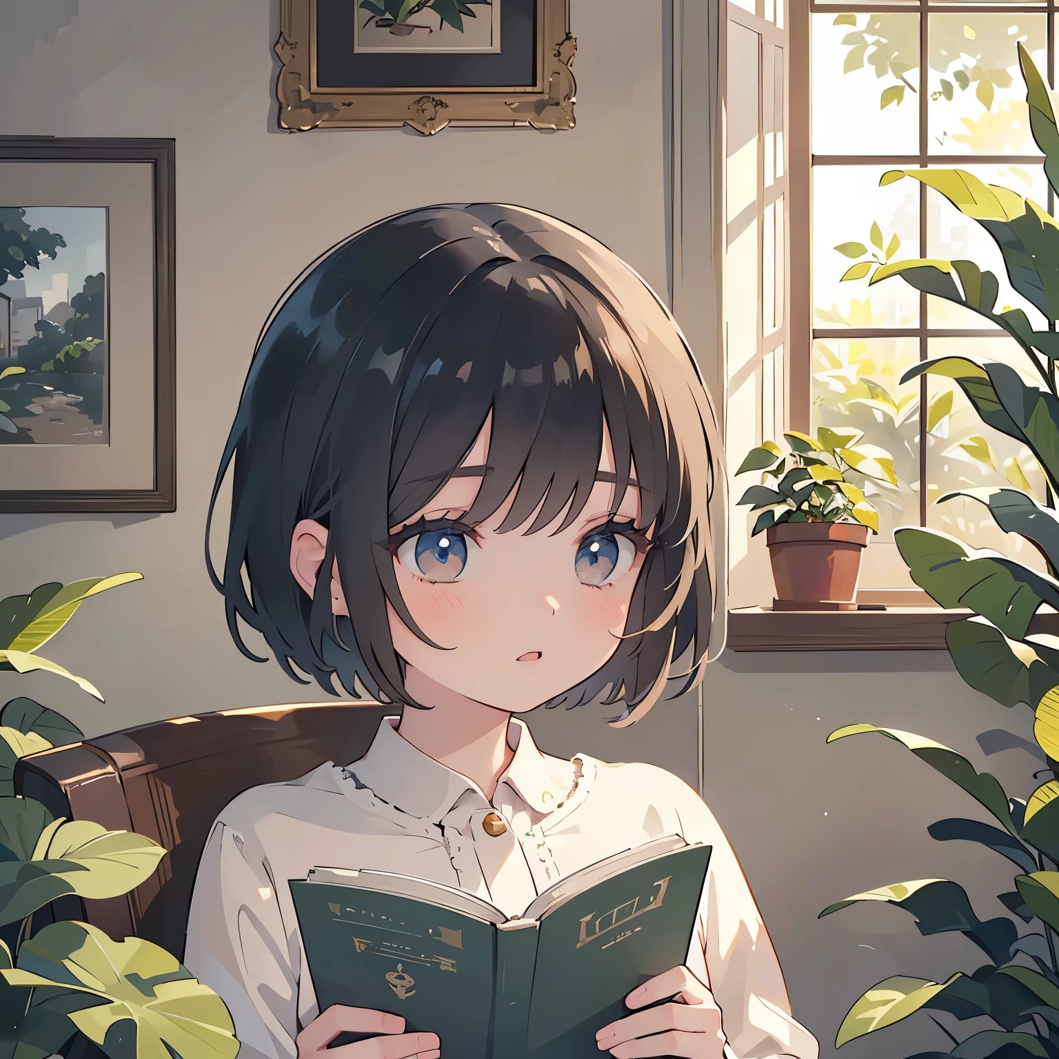 短い髪の美しい女の子が、観葉植物のある部屋で本を読んでいる, 非常に詳細な目と顔, 長いまつ毛, 優雅な表現, 自然光, 高品質のポートレート, 現実的, photo現実的, 4k, 詳細な環境, 居心地が良くリラックスできる雰囲気, 暖色系の色調, ソフトシャドウ, 自然な質感, 複雑な詳細, 傑作