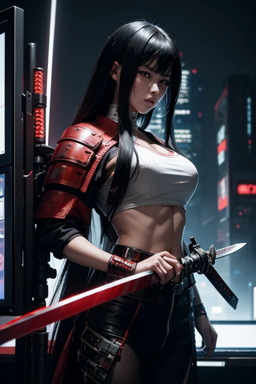 High resolution、8k、Digital Cyberpunk Art、Long black hair、Wearing cyberpunk white and red and samurai armor、Japanese women、Medium chest、In front of countless monitors、(dynamic pose hand holding a sword gripping sword in hand)