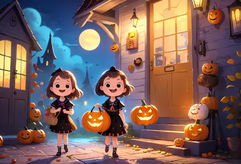 halloween kids, happy expressions, fun atmosphere,wearing creative costumes,a bag full of candy,knocking excitedly on the door,c...