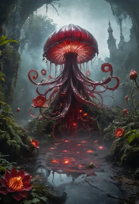 Magic plantloody ghost flower from the abyss, Ghost Flower,Blood-red tentacles stare at the dead，Enchantment，uncanny，terror