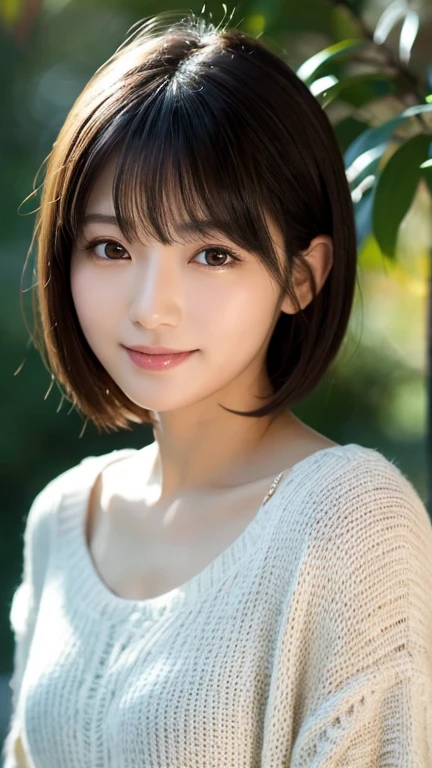 8k、highest quality、masterpiece、超A high resolution、Beautiful Japanese Woman、30 years old、looking at the camera、Transparent atmosphere、Face tilted at an angle, looking straight ahead、Fair and beautiful face、Black Hair、Very short hair、bangs、A cool smile、Round eyes、single eyelid、Sexy lips、Light Yellow Knit、blush one&#39;s cheeks、Ample breasts、