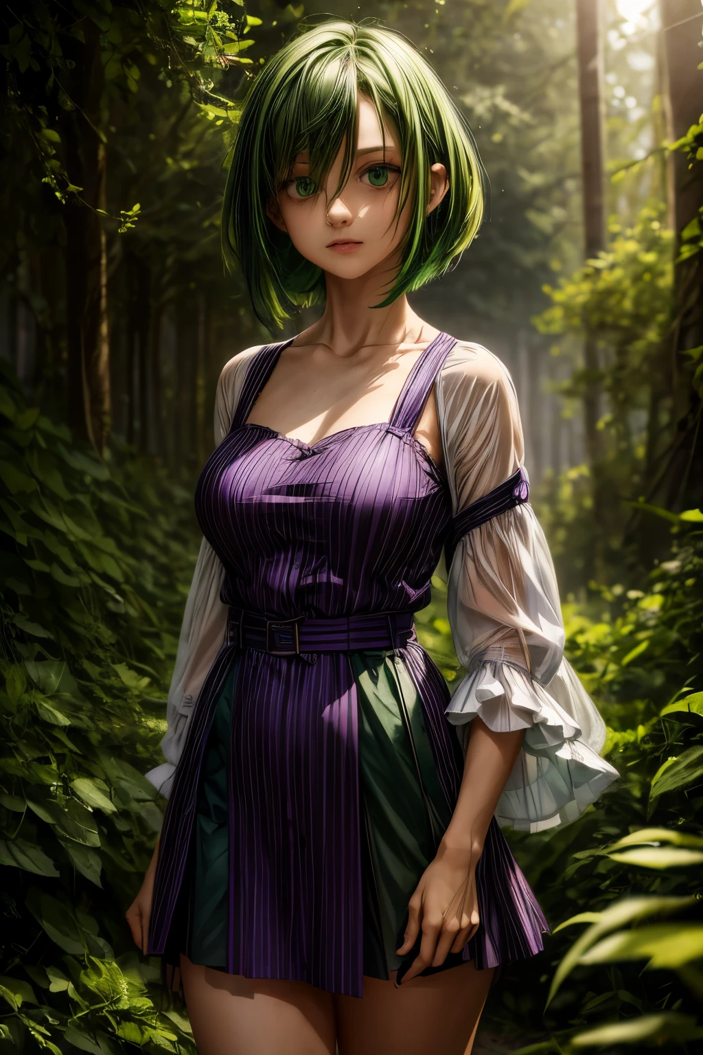 ratte867, 1girl, solo, (forest green hair:1.2), Asymmetrical haircut, (violet clothes:1.2) masterpiece, best quality, photorealistic, realistic, (RAW photo, 8k uhd, film grain), caustics, subsurface scattering 