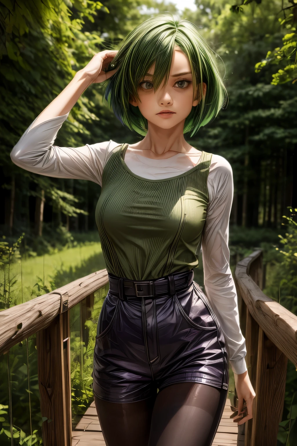 ratte867, 1girl, solo, (forest green hair:1.2), Asymmetrical haircut, (violet clothes:1.2) masterpiece, best quality, photorealistic, realistic, (RAW photo, 8k uhd, film grain), caustics, subsurface scattering