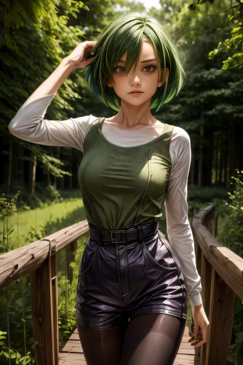 ratte867, 1girl, solo, (forest green hair:1.2), asymmetrical haircut, (violet clothes:1.2) masterpiece, best quality, photoreali...