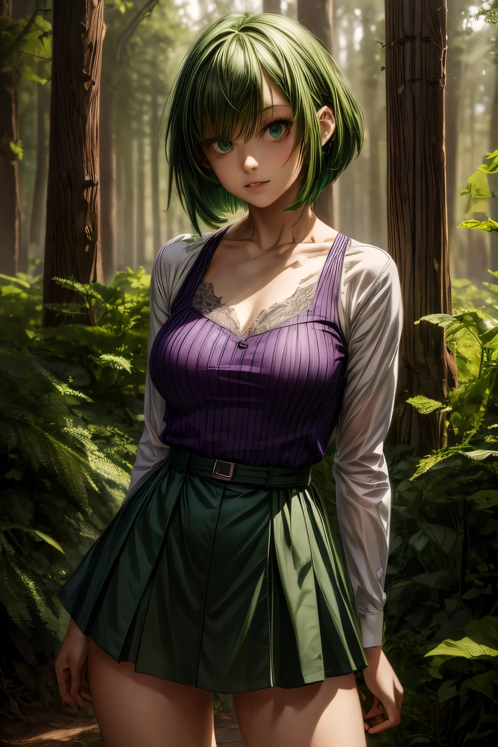ratte867, 1girl, solo, (forest green hair:1.2), Asymmetrical haircut, (violet clothes:1.2) masterpiece, best quality, photorealistic, realistic, (RAW photo, 8k uhd, film grain), caustics, subsurface scattering 