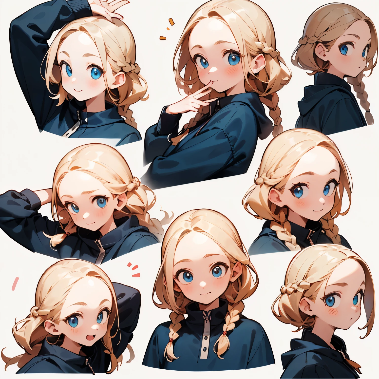 (masterpiece, 8k, best quality, highly detailed, 1 girl), 9, 9 emoji packs, 9 poses and expressions, (Single Braided blonde hair, parted bangs, forehead, blue eyes), white background, cool smile, Different emotions，8K