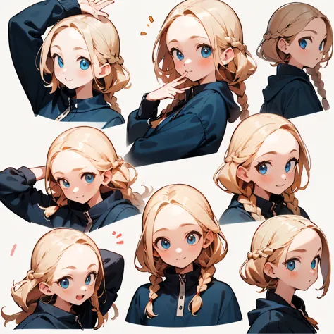 (masterpiece, 8k, best quality, highly detailed, 1 girl), 9, 9 emoji packs, 9 poses and expressions, (Single Braided blonde hair...