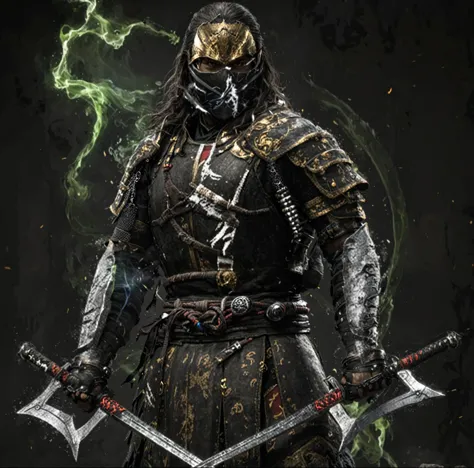 um close de uma pessoa segurando duas espadas em um quarto escuro, personagem de mortal kombat, mk ninja, ninja ciborgue, bio - ...