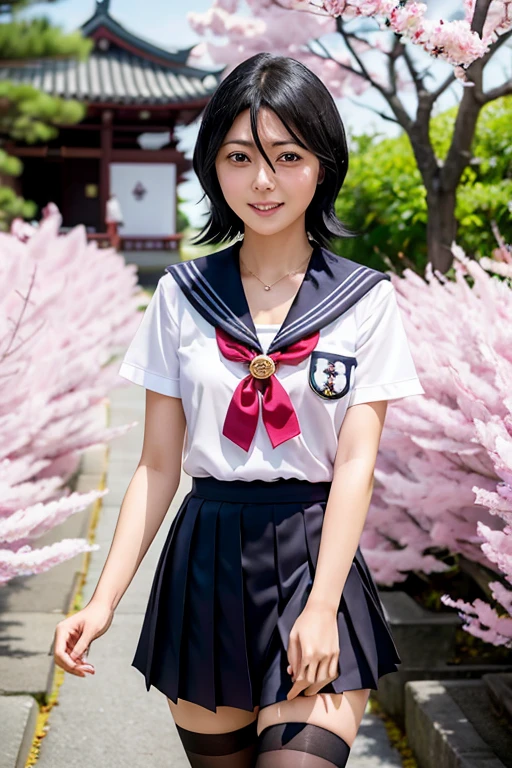 Rukia Kuchiki, 1fille, seulement, ((uniforme de marin)), black hauts de cuisse, seins, clivage, jupe plissée, cheveux entre les yeux, medium seins, regarder le spectateur, les cheveux en désordre, cheveux noirs, ongles courts roses, seulement, hauts de cuisse, cuisses, ((chef-d&#39;œuvre)), debout, Perçage des oreilles, pose sexy, Rougir, Timide, sourire, temple japonais, arbre sakura,