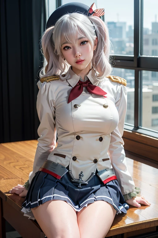 nsfw,Bare breasts,1girl in, solo, ​masterpiece, top-quality, red blush, Indoors, Stretch your legs, window, sit on desk,, Kashima OG, kashima\(kancolle\), white  hair, blue eyess, hair wavy, Twin-tailed, tsurime eyes, beret, epaulette, frilly sleeves, jaket,, long-sleeve, Military, Military, Military, a miniskirt, pleatedskirt, red neckerchief, tsurime, white glove, anchor