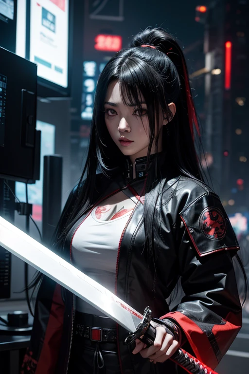 Hohe Auflösung、8k、Digital Cyberpunk Art、langes schwarzes Haar、Trägt Cyberpunk-Weiß und Rot und Samurai-Rüstung、Japanische Frauen、mittlere Brust、Vor unzähligen Monitoren、(verziertes Langschwert)