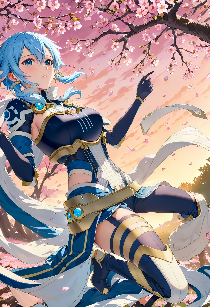 alone, 1 girl, sinonsolus, keep, arms, Focus on women, Cape, armor, Sacred Bow Annihilate Ray, Handguard, breastplate, full armor，Thigh High High Heel Boots, Cherry blossoms bloom all over the ground，Background of falling cherry blossom petals　(((masterpiece)))， ((highest quality))， ((Intricate details))　(8k)