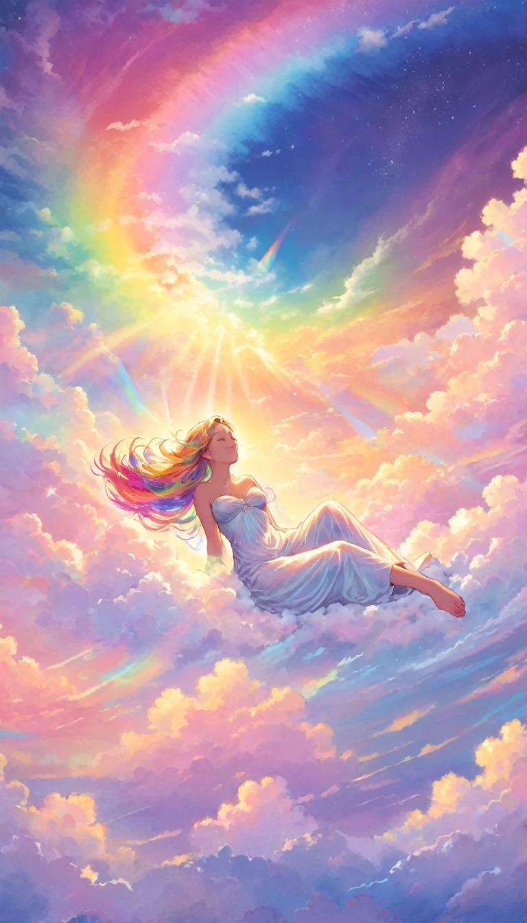 A stunningly ethereal woman, composed of a dazzling array of rainbow hues, reclines gracefully at the end of a radiant rainbow amidst the fluffy clouds in the sky. Bathed in dynamic and enchanting lighting, accentuates her vibrant, full-bodied form. Fantasy art. Masterpiece 