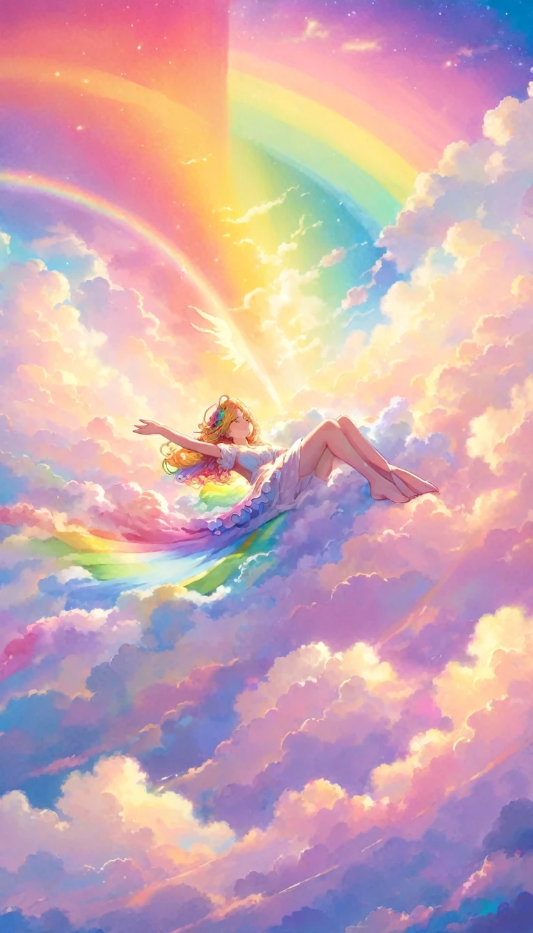 Eine atemberaubend ätherische Frau, bestehend aus einer schillernden Palette von Regenbogenfarben, lehnt sich anmutig am Ende eines strahlenden Regenbogens inmitten der flauschigen Wolken am Himmel zurück. In dynamisches und bezauberndes Licht getaucht, betont ihre lebendige, vollmundige Form. Fantasy-Kunst. Meisterwerk 