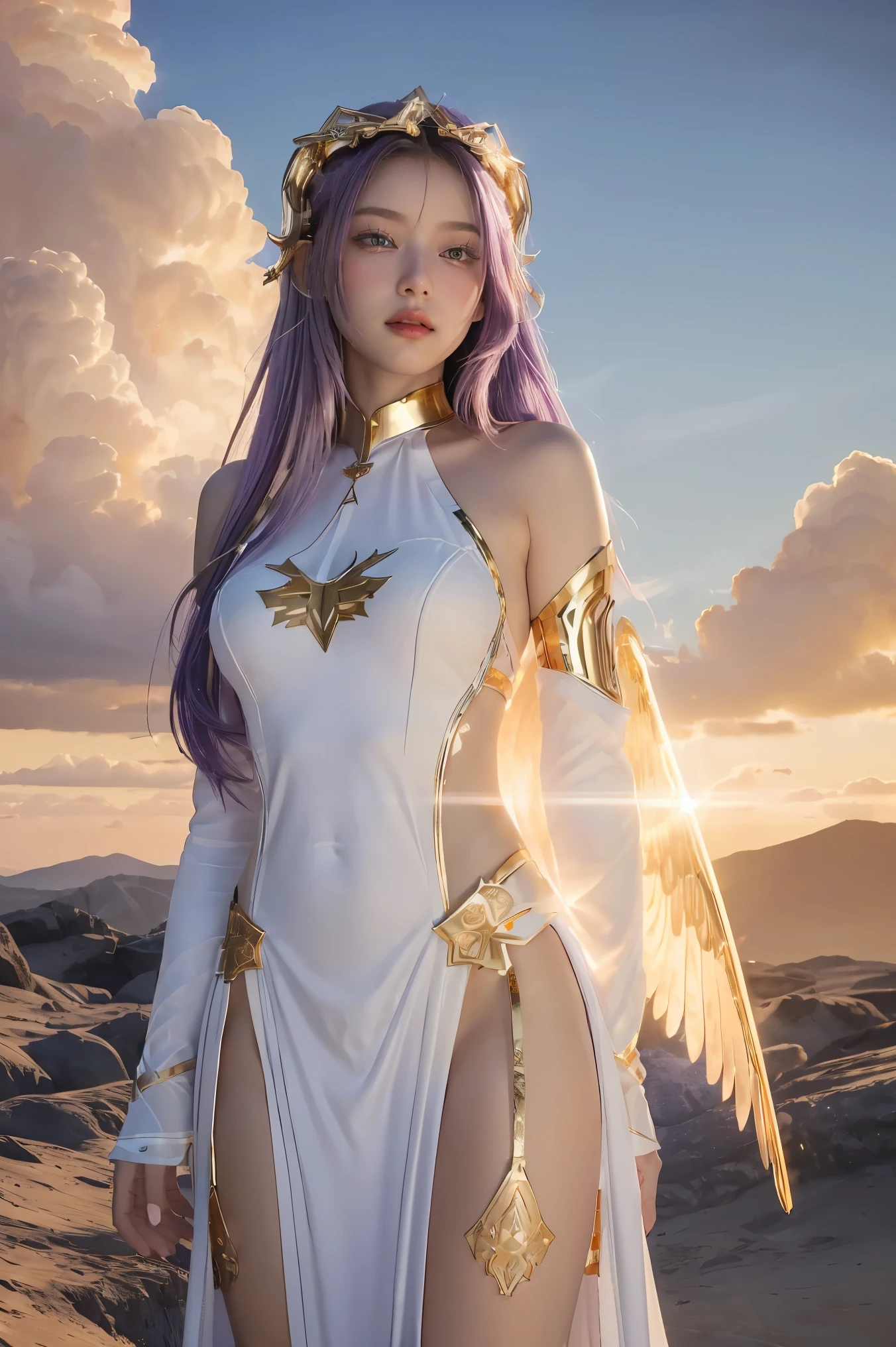 ((masterpiece, best quality, extremely detailed), volumetric lighting, ambient occlusion, colorful, glowing), 
1girl, solo, young girl, (purple hair), long hair, halo, aura, sacred, goddess, cleric suit, (white outfit with gold detailst:1.3), angel wings,
outdoors, sunset, sky, clouds, space, (fantasy theme:1.2),