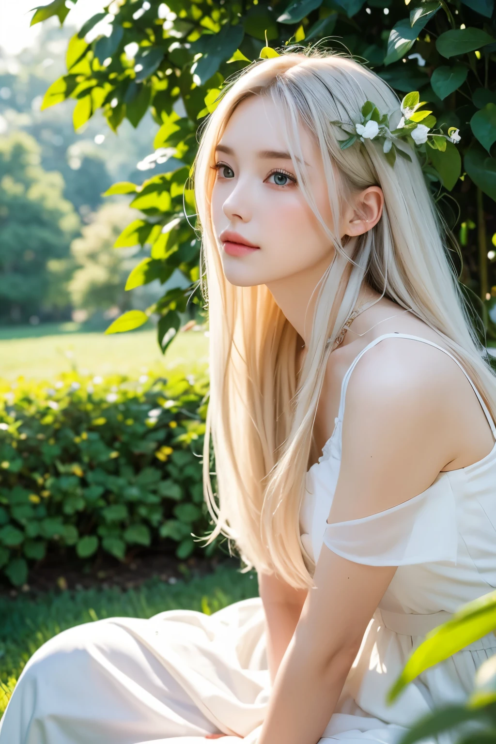 (masterpiece, best quality),1Beautiful girl with long white hair sitting in a field of green plants and flowers, Her hands are under her chin, warm lighting, white dress, blurry view