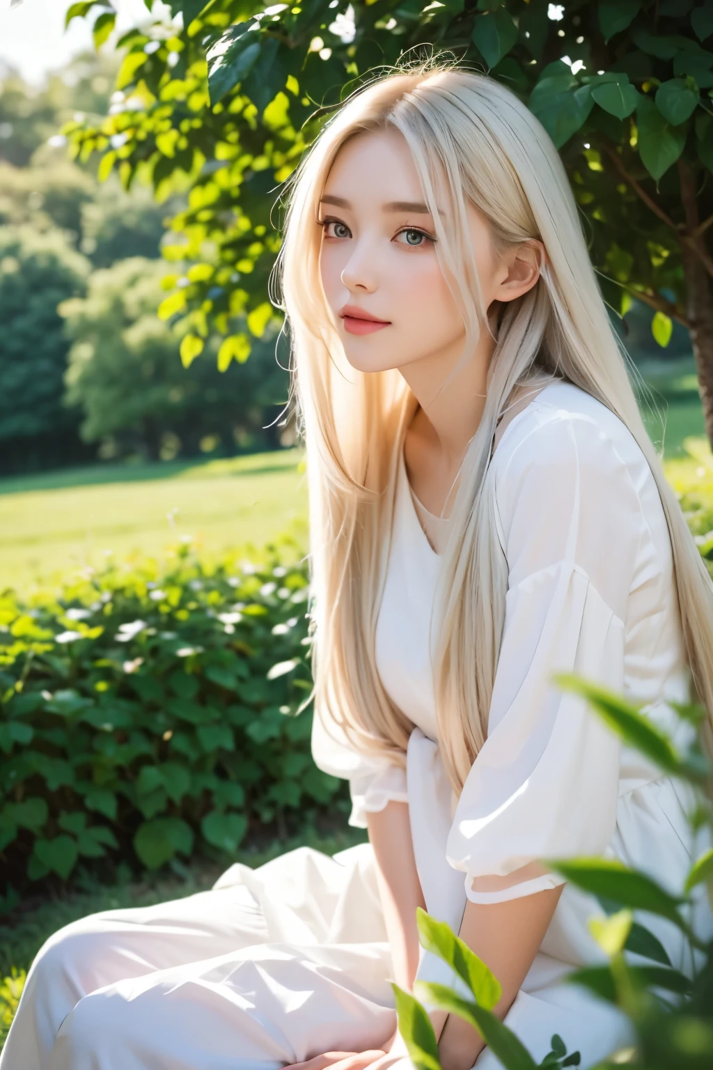 (masterpiece, best quality),1Beautiful girl with long white hair sitting in a field of green plants and flowers, Her hands are under her chin, warm lighting, white dress, blurry view